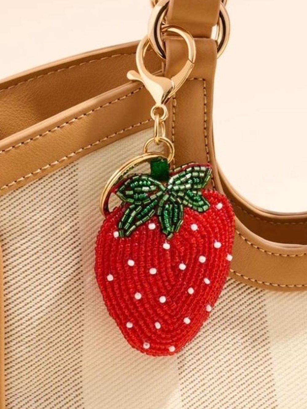 Strawberry Beaded Bag Charm Keychain - Red white